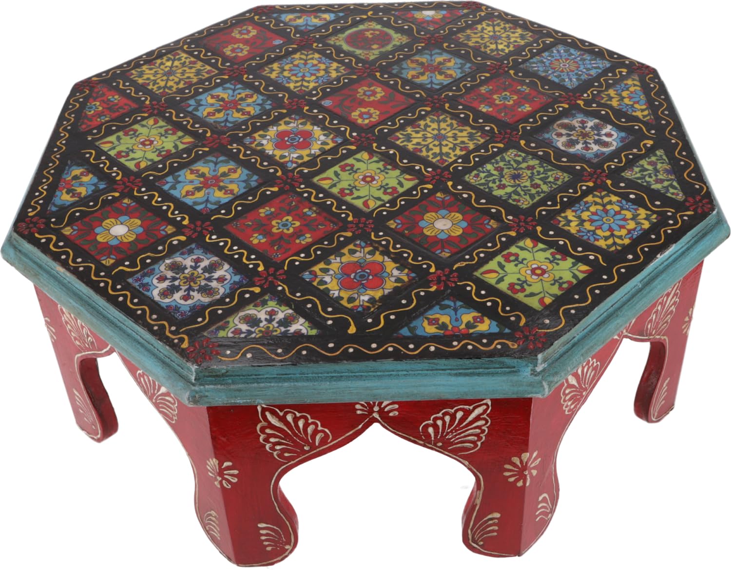 Guru-Shop Petite Table Peinte Avec Mosaïque de Carreaux - Rouge Ø 41 cm, Boisdemanguier, Objets Décoratifs