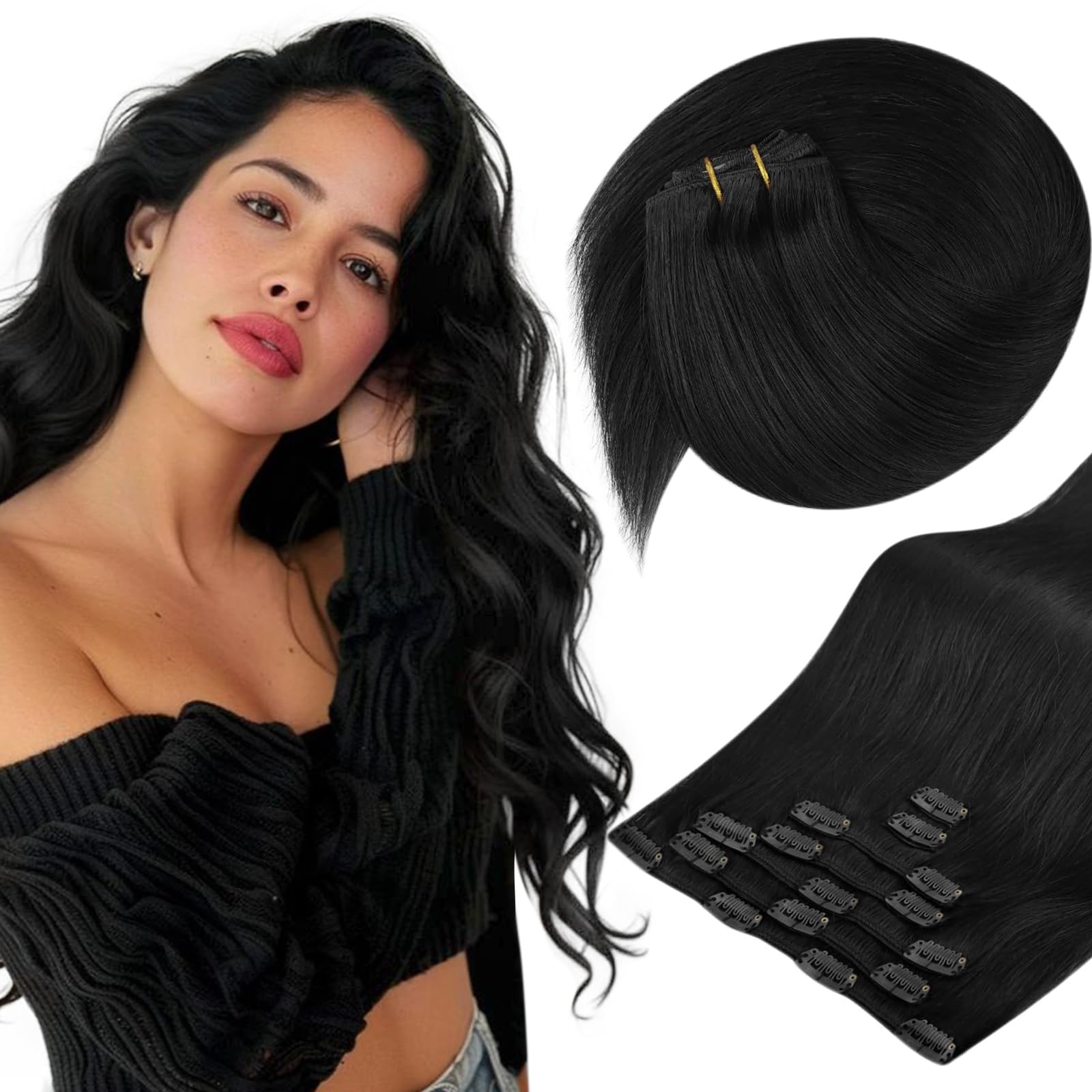 Sunny Hair Clip in Hair Extensions Straight Human Hair Clip in Extensions Remy Clip in Hair Extensions Real Human Hair Extensions Clip ins Natural Black for Women 18inch