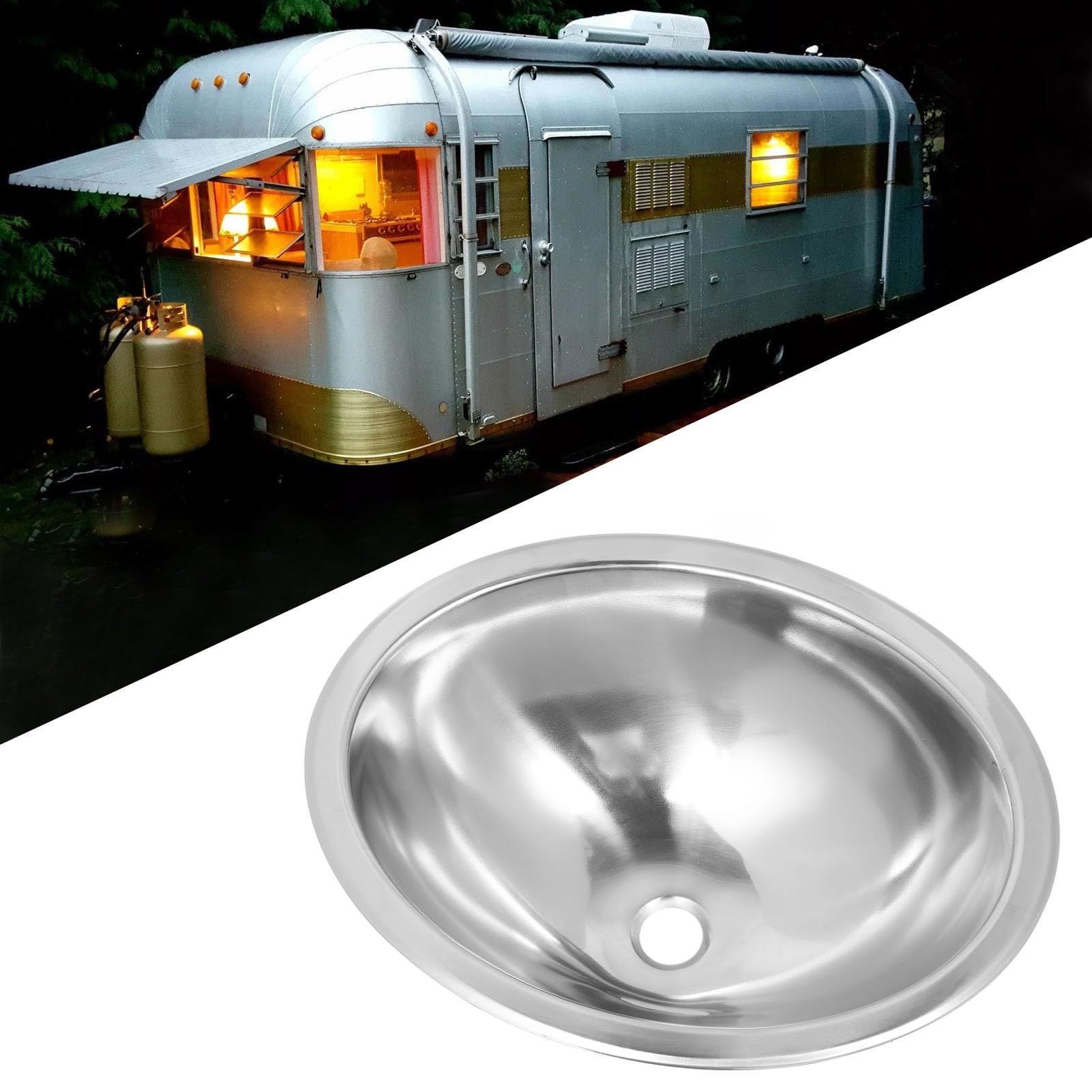 446x346x150mm RV 304 Zlew ze stali nierdzewnej owalny okrągły kuchenny zlew do mycia rąk z 40mm wylotem kanalizacyjnym do łodzi, przyczep kempingowych i kamperów