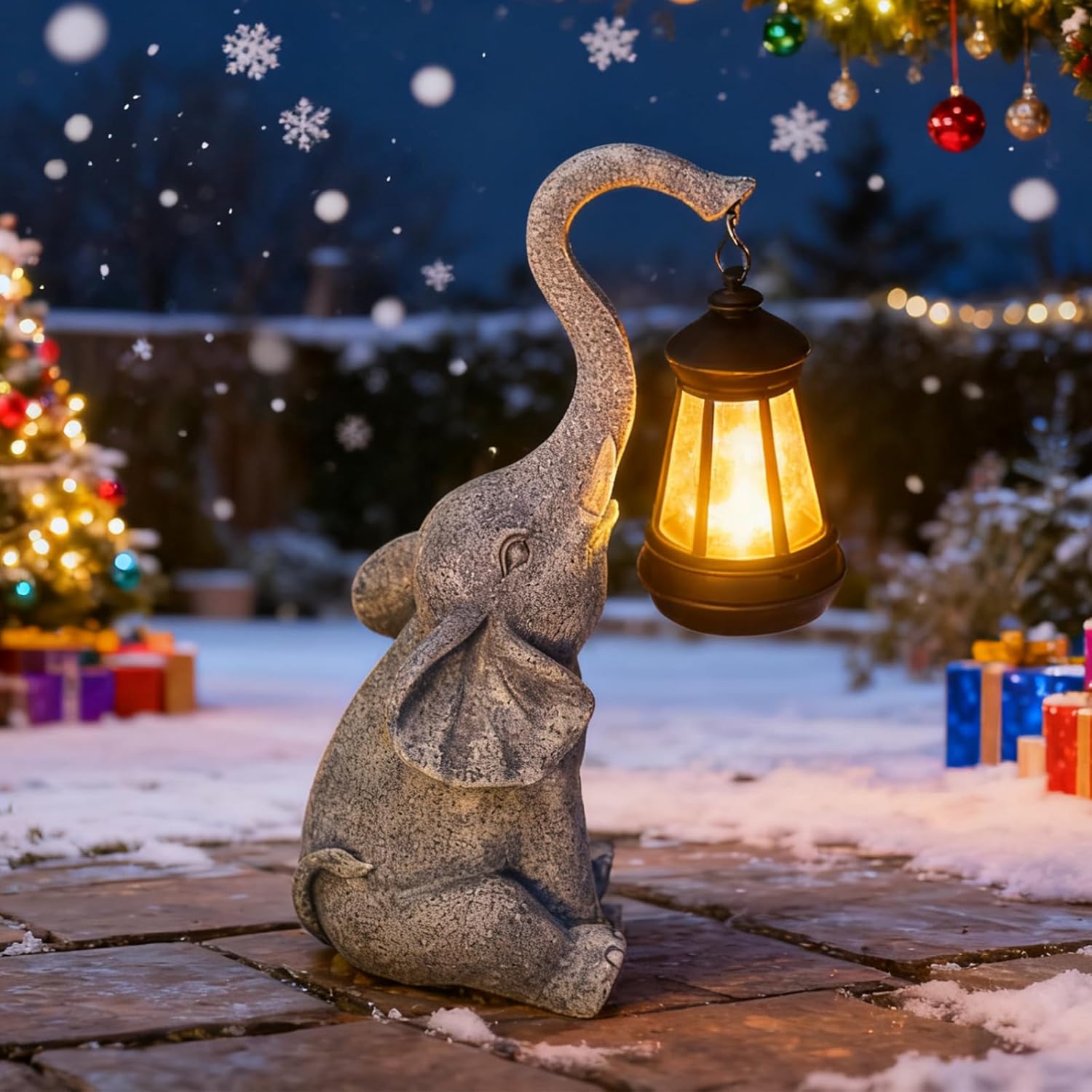 garden statues elephant with solar lantern outdoor figurines decorations for patio yard lawn ornaments gifts for birthday mom housewarming(gray)