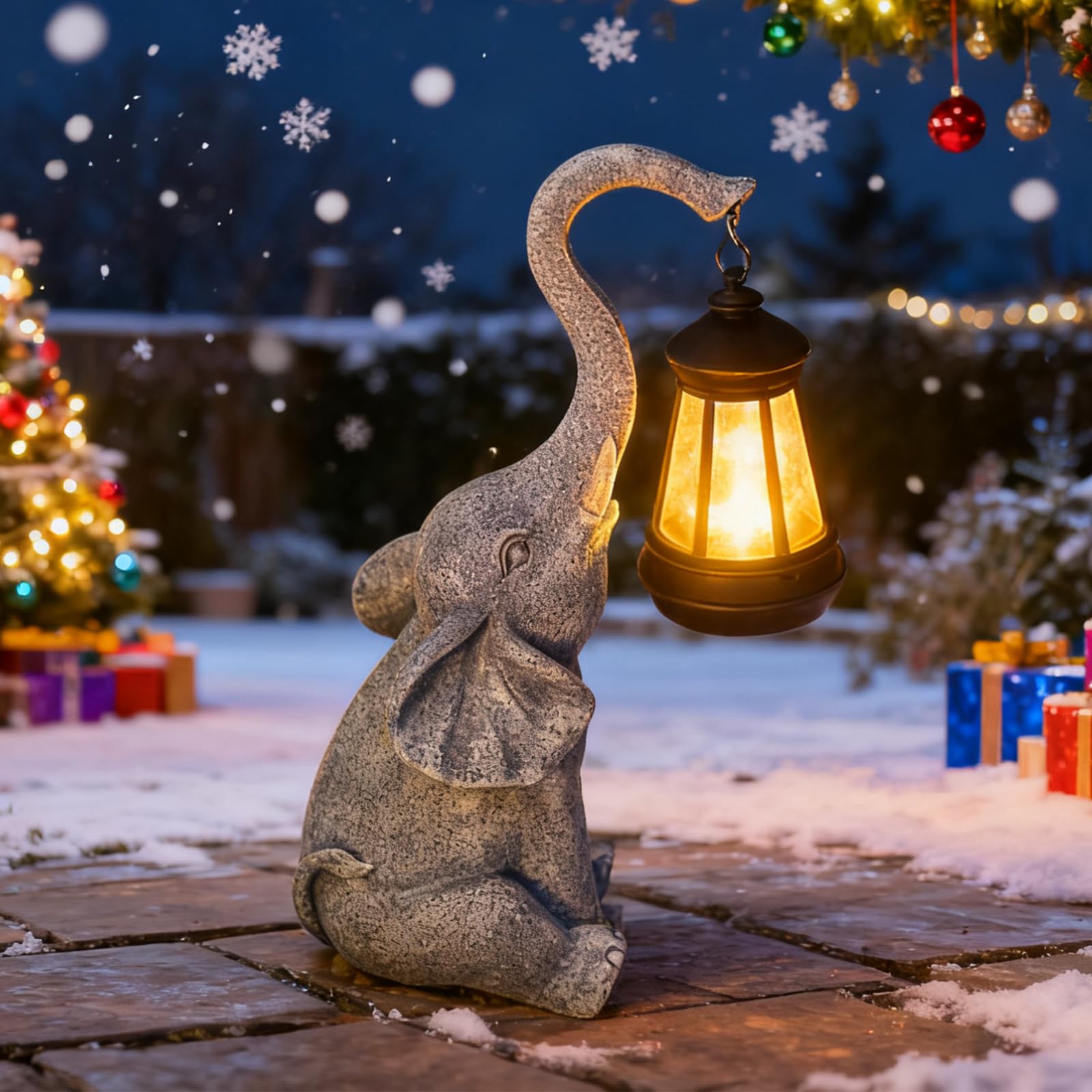 Garden Statues Elephant with Solar Lantern Outdoor Figurines Decorations for Patio Yard Lawn Ornaments Gifts for Birthday Mom Housewarming(Gray)