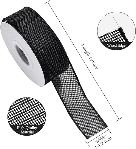 Miniatura 3 de Cinta de arpillera negra con alambre, 1 12 pulgadas, 10 yardas, cinta de yute para decoración de lazos, manualidades, envoltura de regalos, corona,