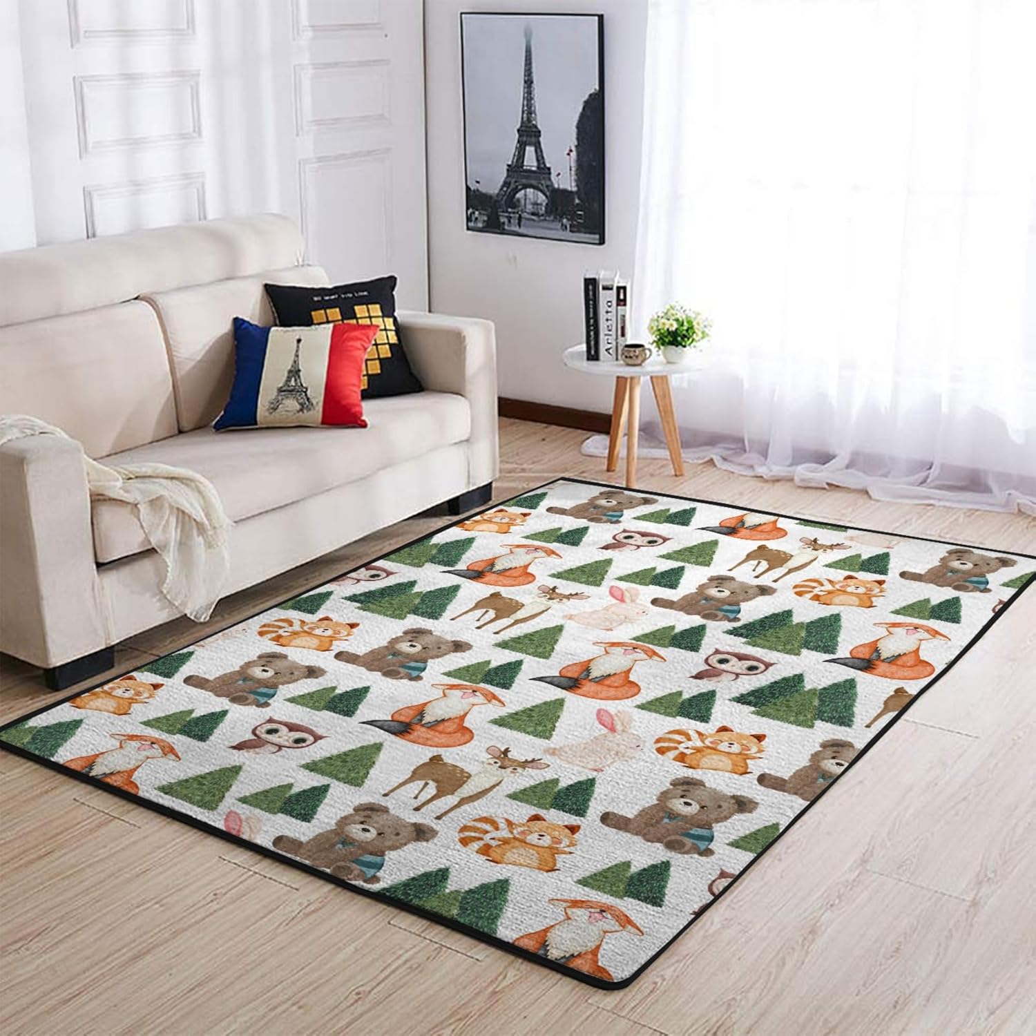 Cartoon Animals Throw Rugs Cute Bear Deer Raccoon Rabbits Trees Area Rugs Floor Carpet Mats for Kids Toddler Nursery Bedroom Living Room Bathroom Kitchen Home Decor 48x72inch