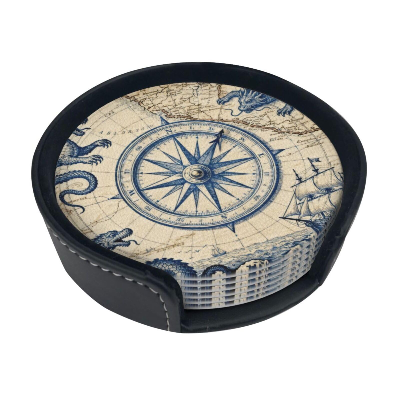 Cntdbu White Old-Fashioned Map Leather Coasters Set Of 6-Pu Leather Drink Mats For Table, Heat Resistant Round Coasters With Holder