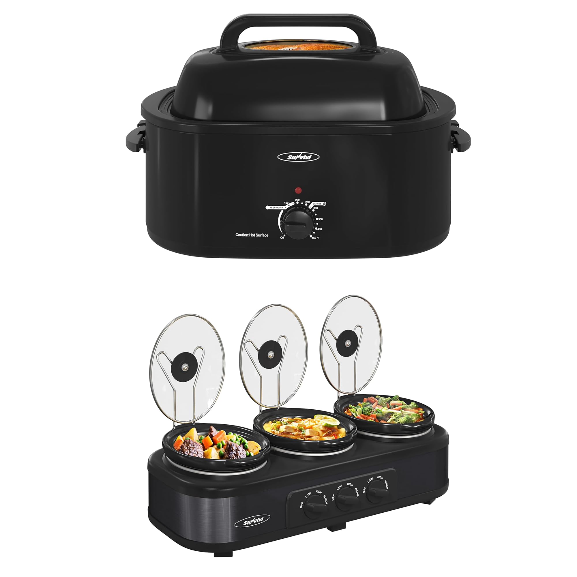 Sunvivi Roaster Oven and Slow Cooker Turkey Roaster 24 QT with Unique Defrost Warm Function Black 3 Pot