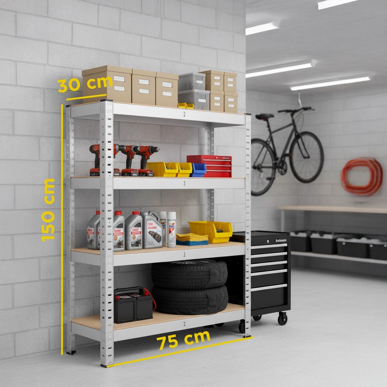 Avilia - Metal Shelving Unit with 4 Adjustable Shelves Made of MDF 150 x 75 x 30 cm for Garage and Home, Mounting without Screws, Sturdy Structure, Space Saving