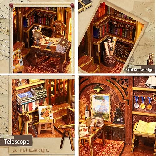 Miniatura 2 de TOPBSFARNY Soporte de madera 3D para libros, rompecabezas de casa de muñecas, sujetalibros de madera, kit de construcción de rincones con luz LED