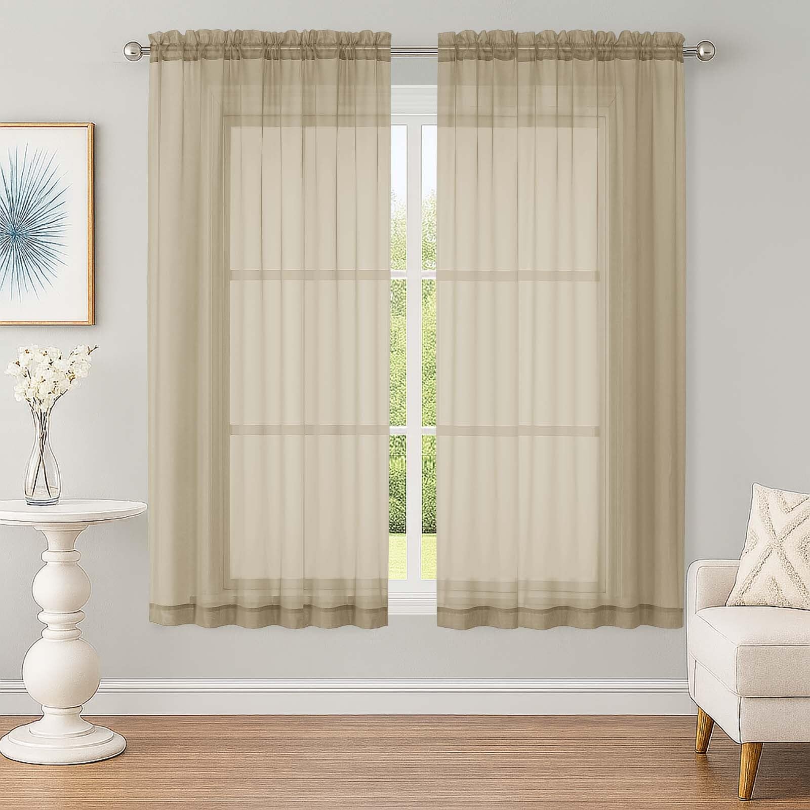 OWENIE Sheer Taupe Curtains, Sheer Curtains 63 inch Length 2 Panels Set, Rod Pocket Voile Fimly Sheer Drapes for Living Room Bedroom, 2pcs, Taupe, Each 59" W x 63" L