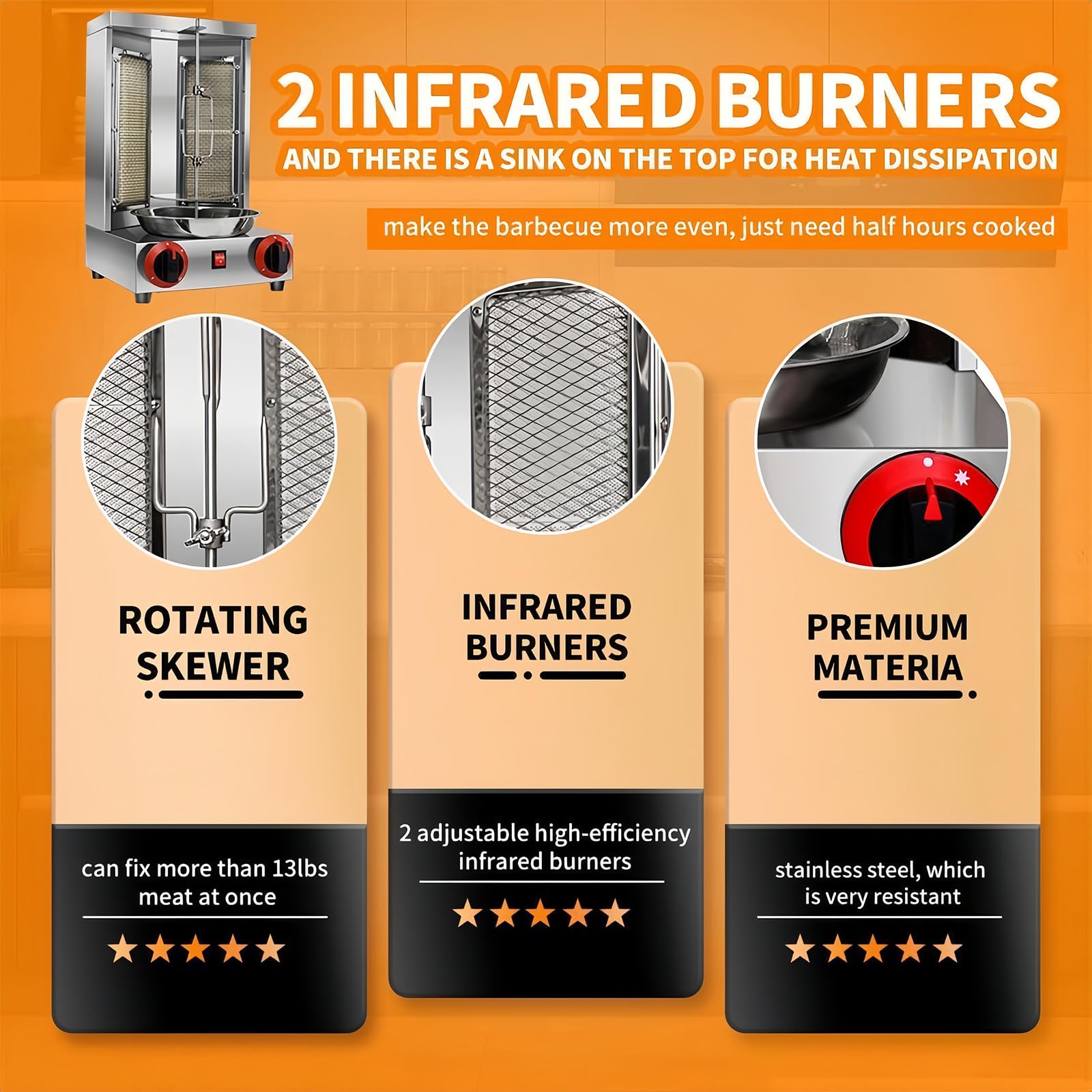 Barbacoa Vertical de Gas para Kebab y Pollo, Giroscópica con Tornillo, Máquina de Kebab, Horno de Barbacoa Vertical con Interruptor de Ajuste de Temperatura para Restaurante, Salón, Cocina,110V