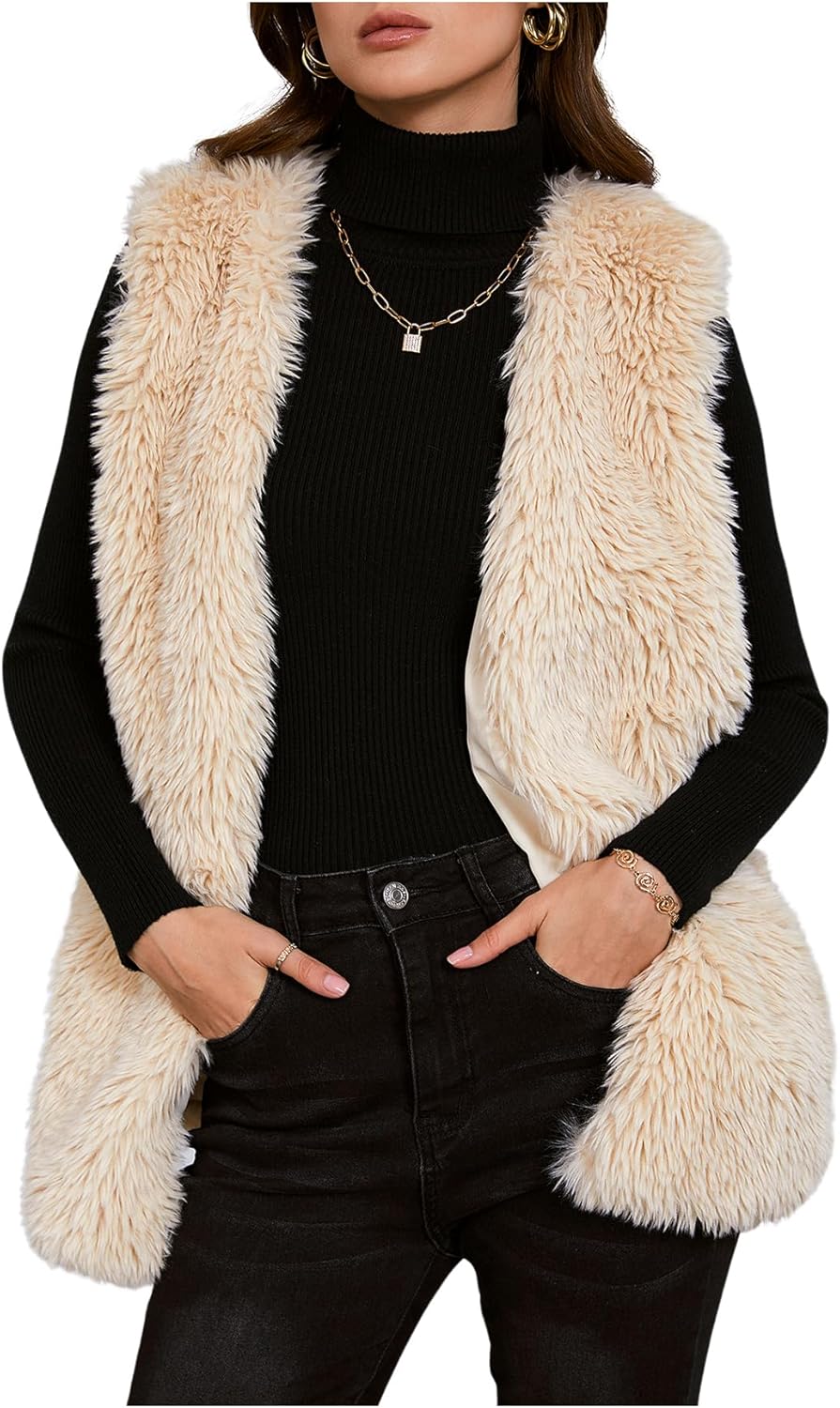 Verdusa Women's Fuzzy Faux Fur Sleeveless Vest Teddy Coats Open Front Plush Waistcoat Outerwear