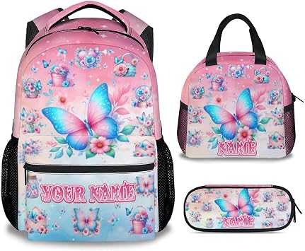 UNIKITTY Backpack for Girls | Personalized Butterfly 3PCS School Backpack Set with Lunch Bag & Pencil Case, 17 Inch Water Resistant Bookbag for Elementary Students