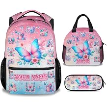 UNIKITTY Backpack for Girls | Personalized Butterfly 3PCS School Backpack Set with Lunch Bag & Pencil Case, 17 Inch Water Resistant Bookbag for Elementary Students