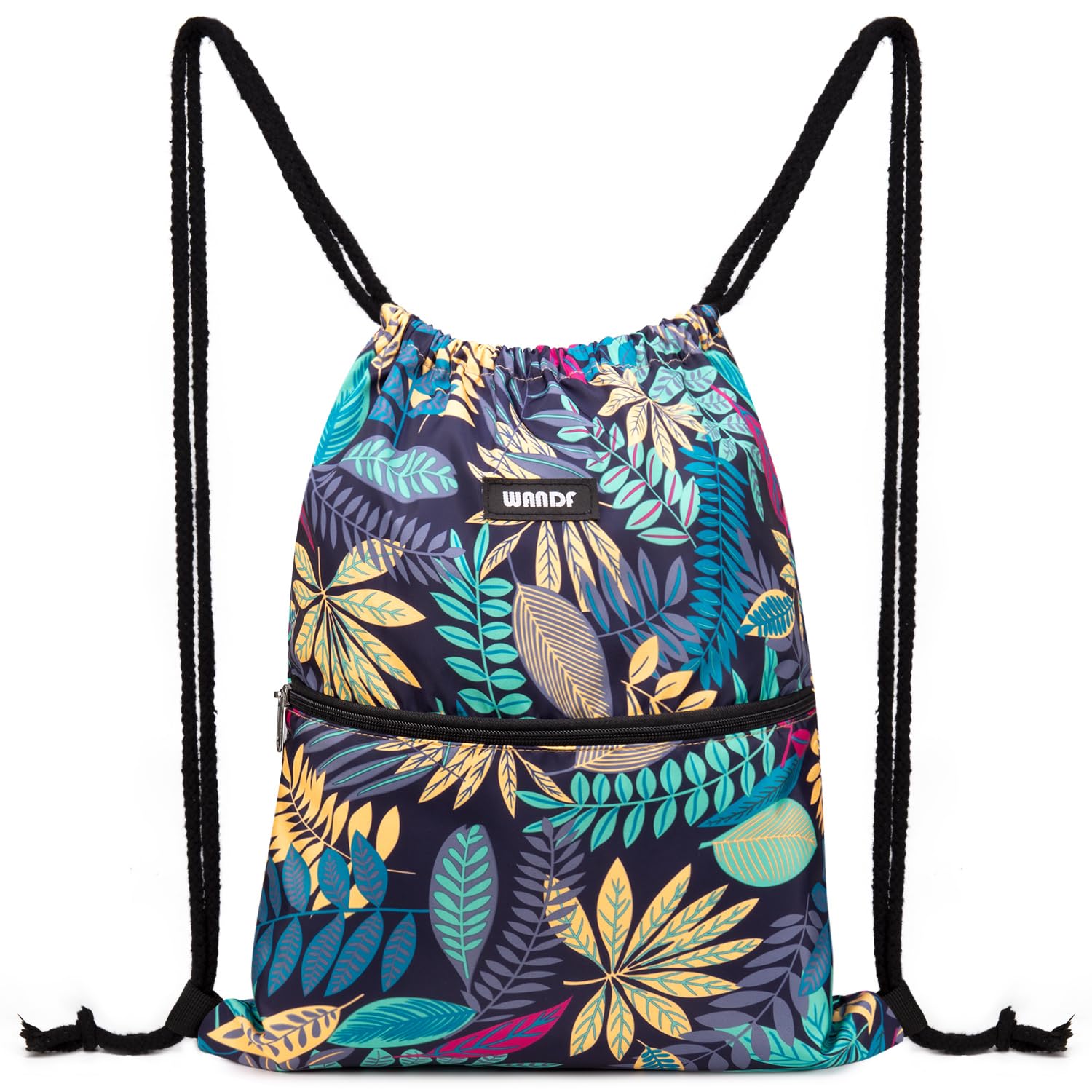 WANDFDrawstring Backpack String Bag Sackpack Cinch Water Resistant Nylon for Gym Shopping Sport Yoga (Blue Leaf.)