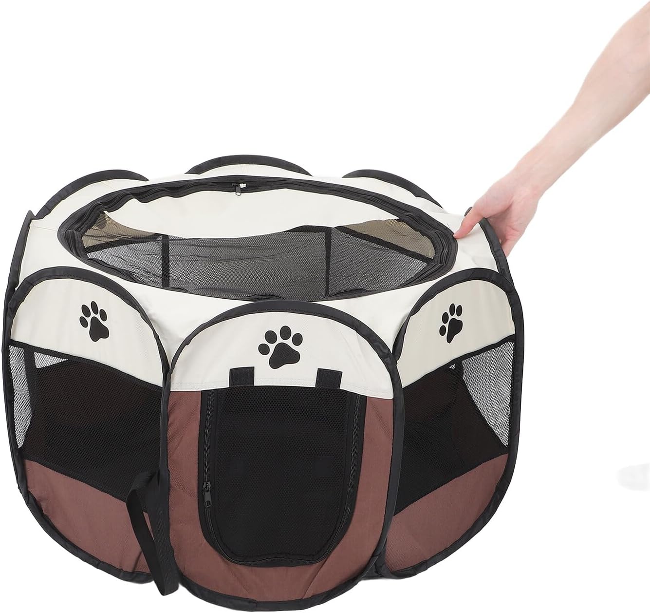 UKCOCO Large Pet Playpen 8-Panel Foldable Kennel Crate with Soft Oxford Cloth Mesh Cover, Portable Indoor Outdoor Animal Playpen for Puppies and Kittens S Size Coffee Color