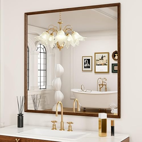 Miniatura 180 de Espejo de baño dorado, 48 x 30 pulgadas, espejo de marco de metal dorado cepillado para pared, espejo rectangular redondeado de tocador de baño