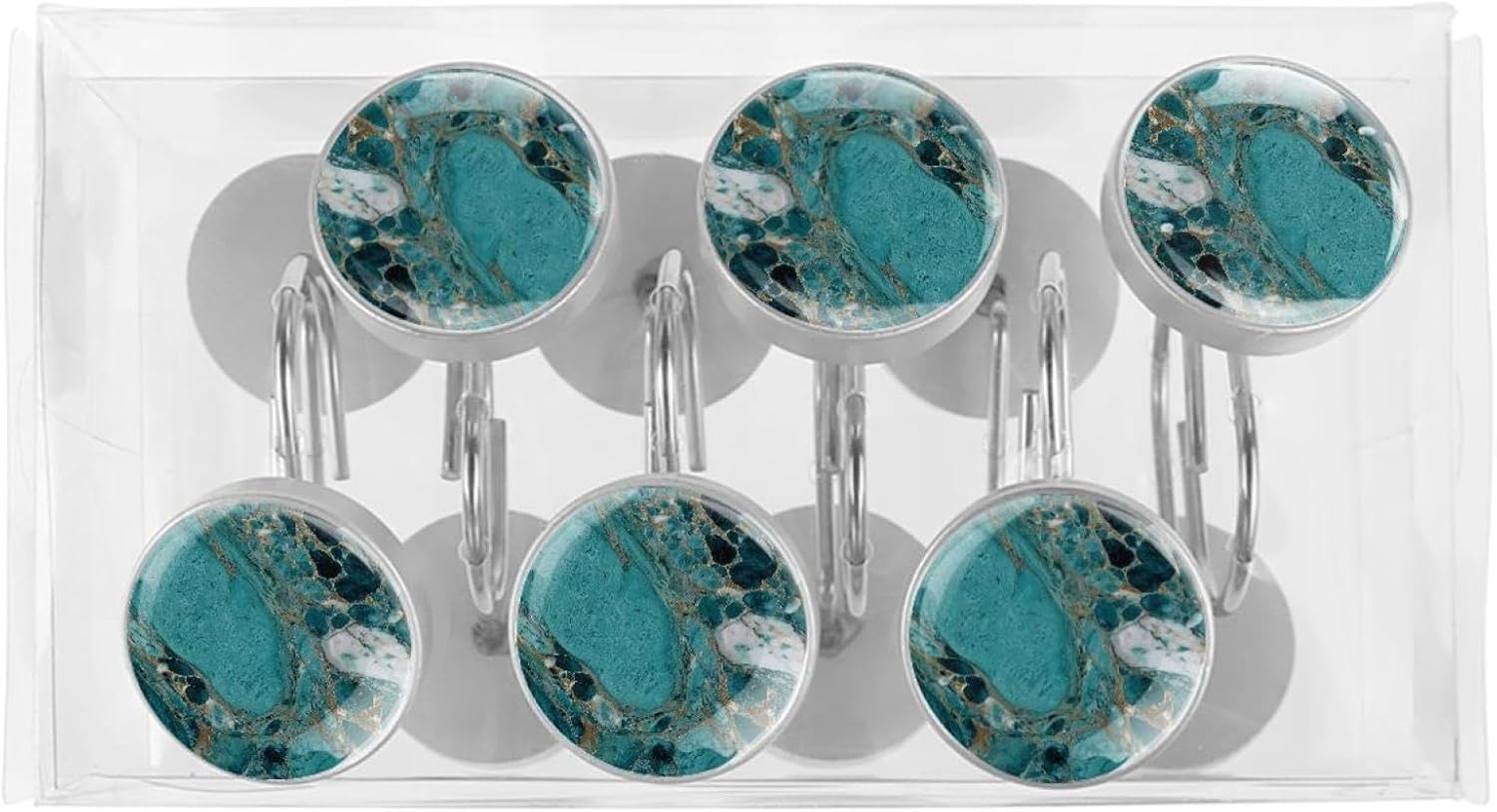 Set of 12 Turquoise Marble Shower Curtain Hooks, Stainless Steel Shower Hangers for Bathroom, Rustproof Decorative Shower Rings for Bedroom Living Room Shower Curtain Rod