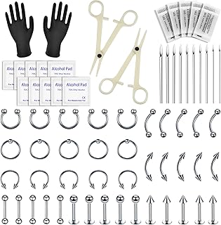 Piercing Kit - Rayyl 64pcs Body Piercing Kit with 14G 16G Stainless Steel Piercing Needles Piercing Clamps for Horseshoe Septum Lip Tongue Tragus Eyebrow Belly Tongue Helix Ring Hoop Nose Ear Rings Studs Piercing Jewelry Body Piercing Kit