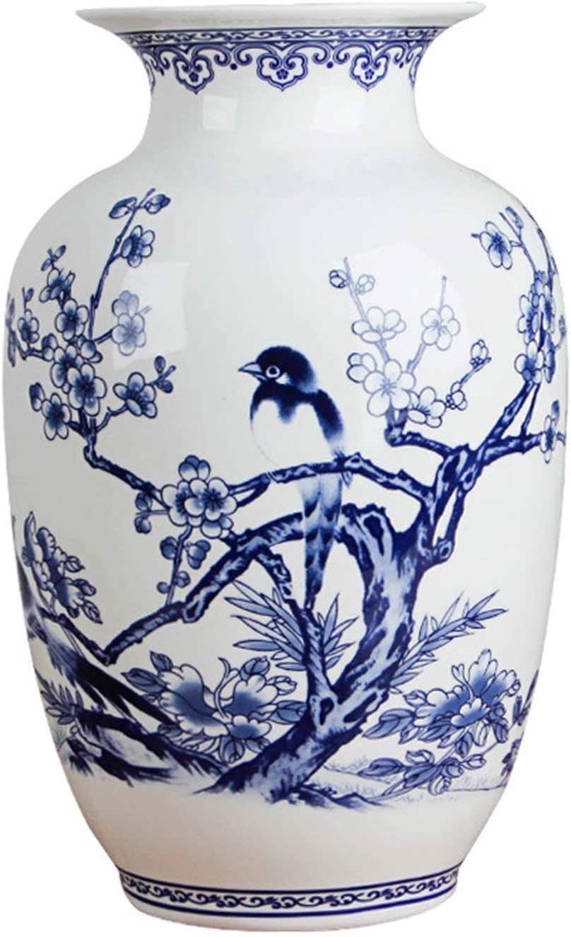 青色の花と鳥の装飾花瓶 青色の花と鳥の装飾花瓶