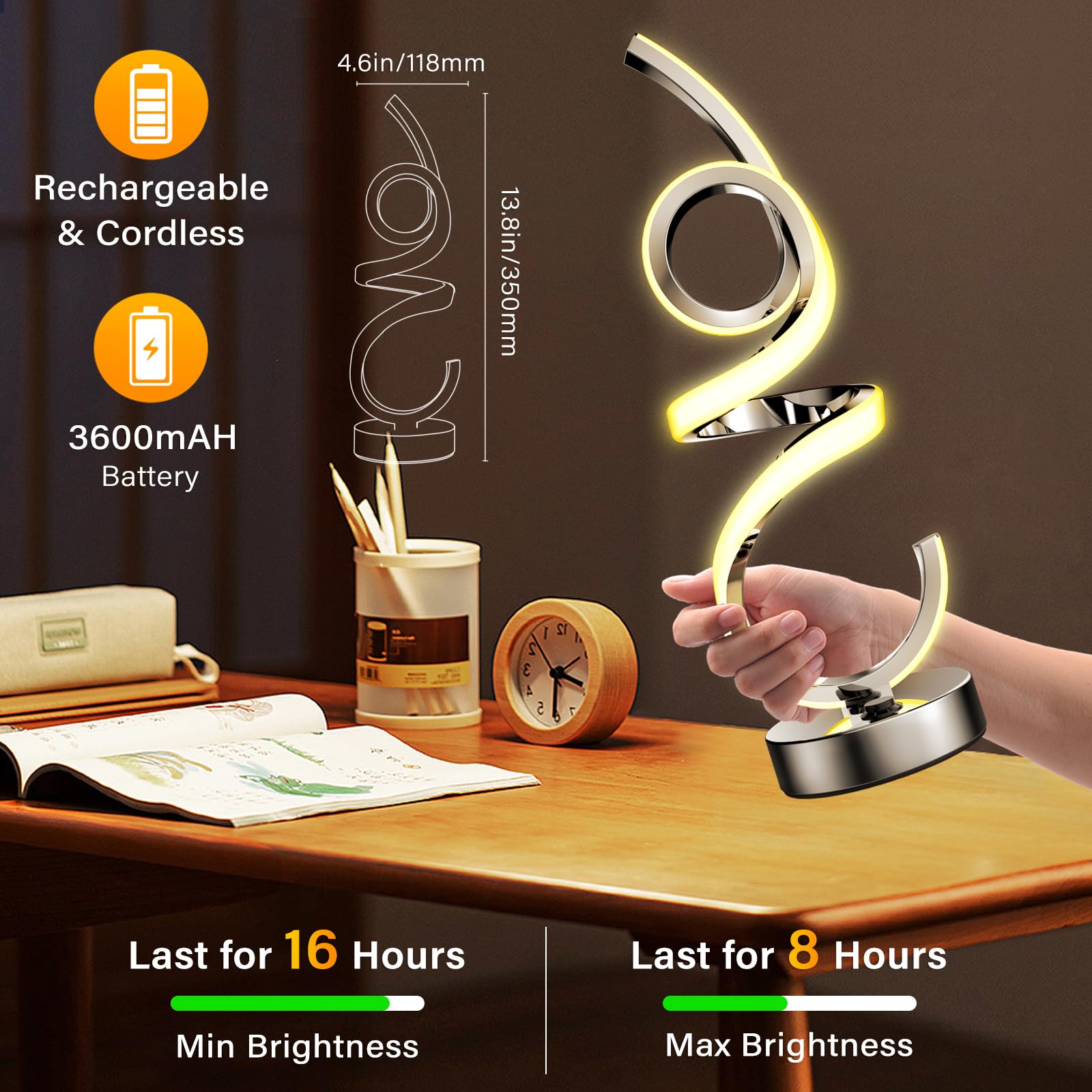 Modern RGBWIC Spiral Table Lamp, Rechargeable LED Nightstand Lamp With Remote Control Color Changing Dimmable Bedroom Night Light Portable Cordless Ambient Lamp For Living Room Office Home Decor - View #7