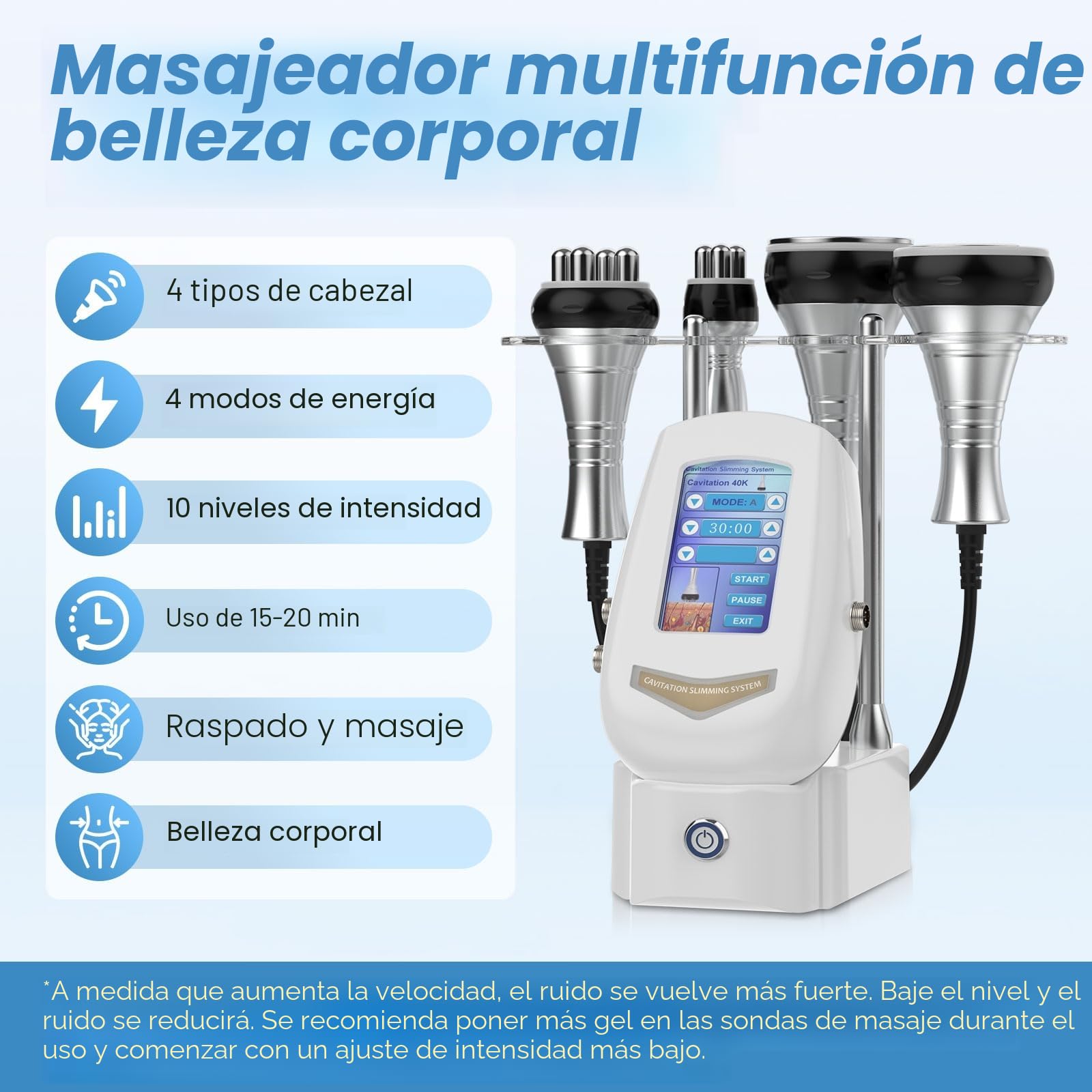 Anticelulítico 4 en 1 40K Cavitación y radiofrecuencia | 10 niveles, pantalla táctil, luz roja y calor, rostro y cuerpo, cuidado en casa