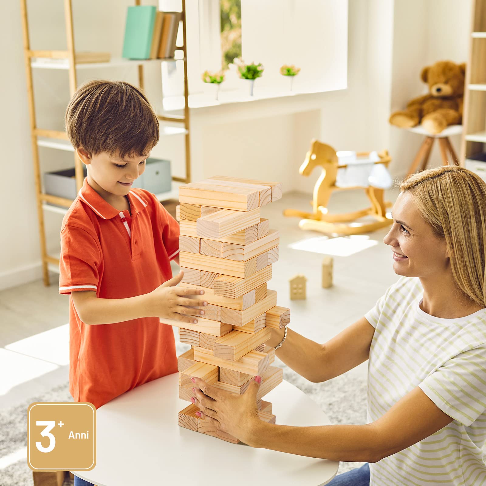 RELAX4LIFE Torre Traballante in Legno di Pino da Sottrarre e Costruire, con 54 Blocchi Impilabili, Dado, Borsa di Trasporto Portatile, per Bambini e Adulti