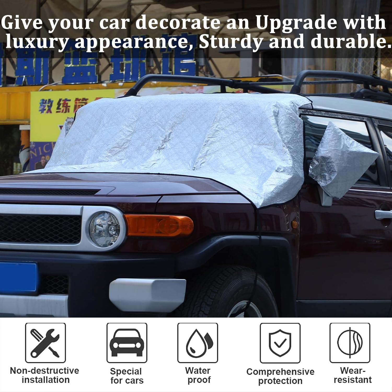 HAPPYHORSE Car Front Windshield Snow Cover, Windshield Cover Compatible with Toyot @FJ Cruiser 2007-2021 Car Windshield Snow Cover Frost Protection, Windshield Protection