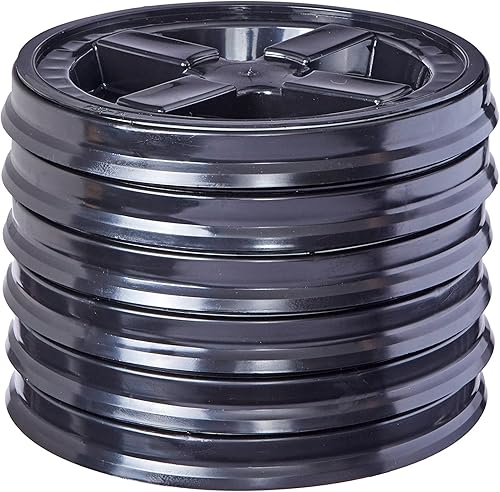Gamma Seal Tapas para cubos de 3.5, 5, 6 y 7 galones, paquete de 6 tapas negras Gamma - Tapas reutilizables de grado alimenticio sin BPA, fabricadas