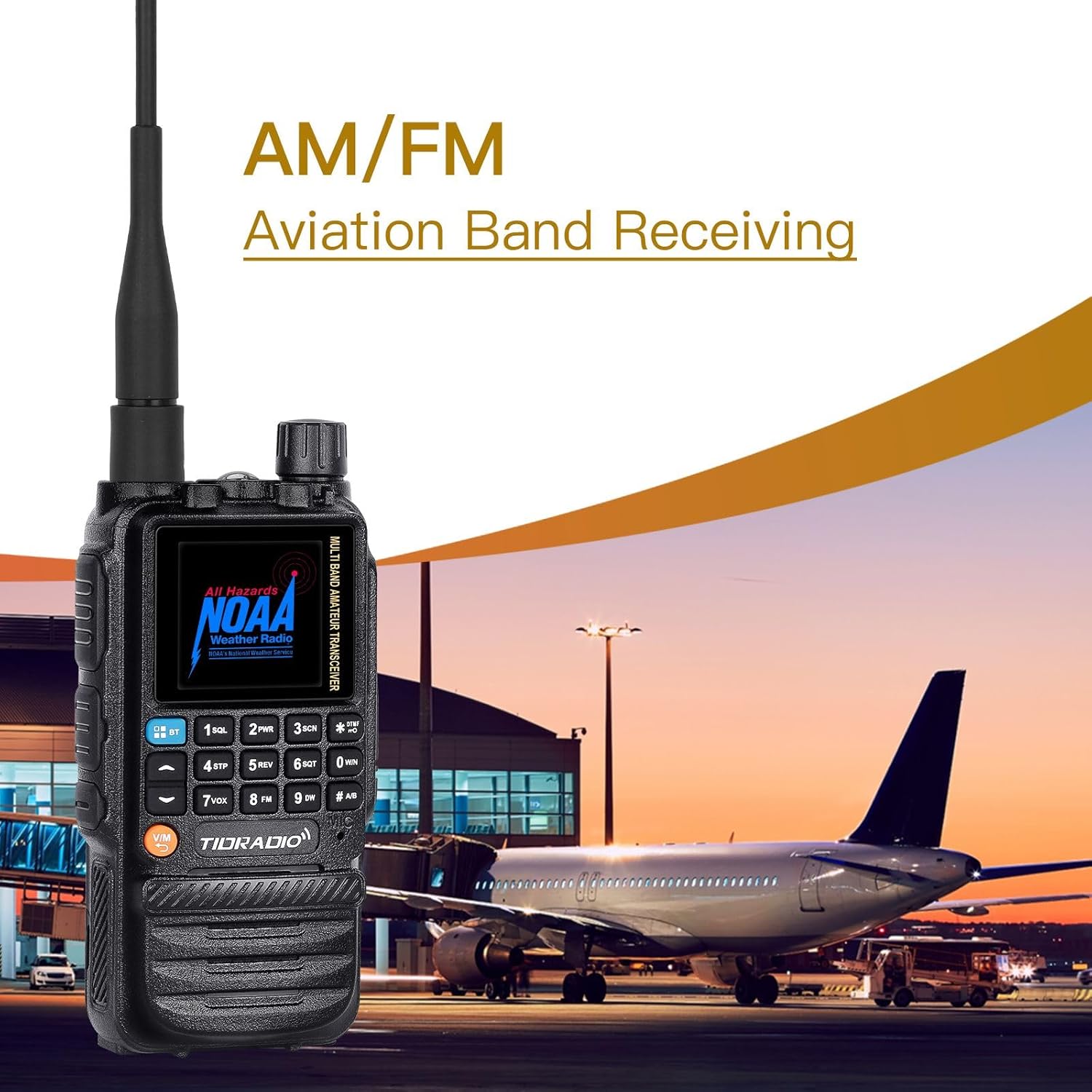 TD-H3 radio with an airport background, illustrating its AM/FM aviation band receiving capability.
