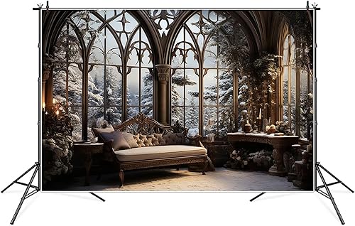 Miniatura 3 de MOONDECO Telón de fondo de fotografía de 9 x 6 pies, decoración de nieve, invierno, sala de estar, ventana, fiesta, fondo, velas, Navidad,