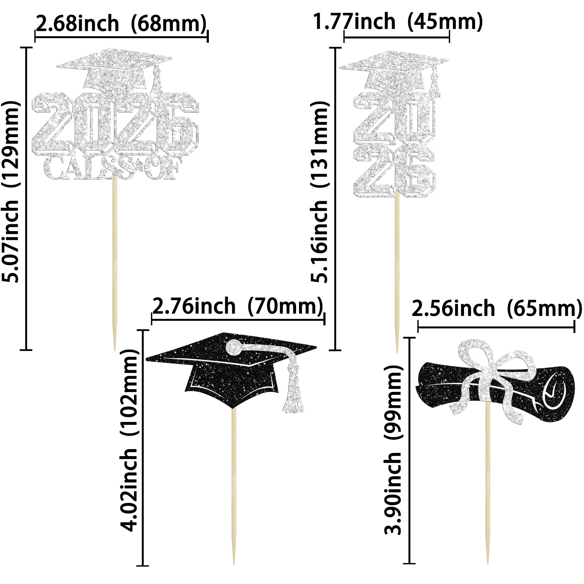 Gyufise 36Pcs 2026 Graduation Theme Cupcake Toppers Glitter Class of 2026 Grad Cap Diploma Cupcake Picks 2026 Graduation Theme Party Cake Decorations Supplies Silver - Image 2