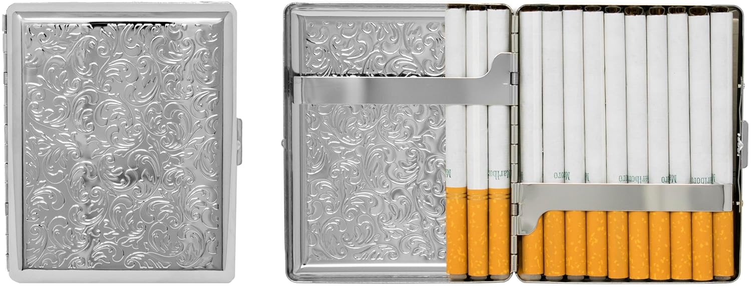 Set of 2 Metal-Plated 100s Cigarette Case & Stash Box (Silver Victorian Print)