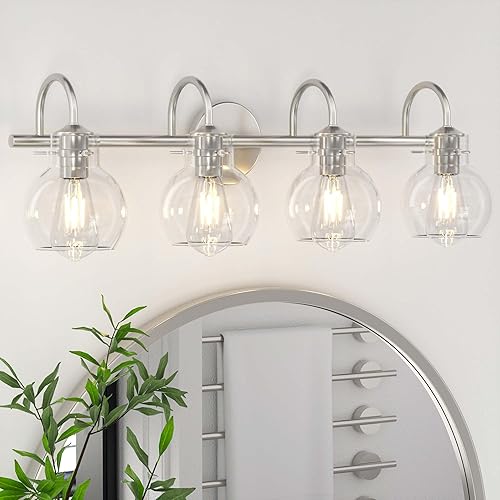 Lámparas de baño de 4 luces, luz de tocador de níquel cepillado, luces de pared de granja con pantalla de vidrio transparente, lámpara de pared de