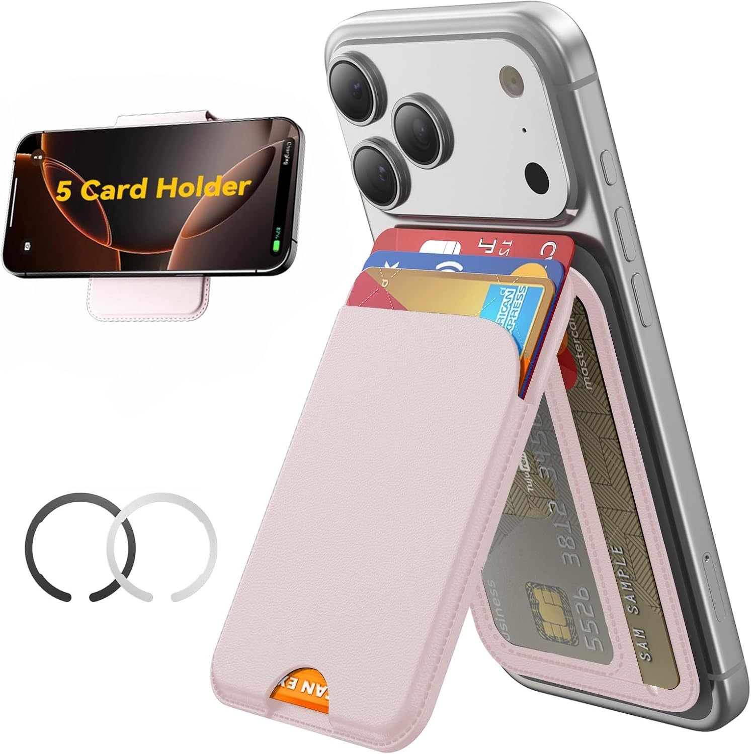 Meyaar Magnetic Wallet for iPhone & Android | MagSafe Card Holder with 2 Adhesive Metal Rings | 5 Card Holder for MagSafe Cases & Android Phones | Vegan Leather (Pink)-picture-16