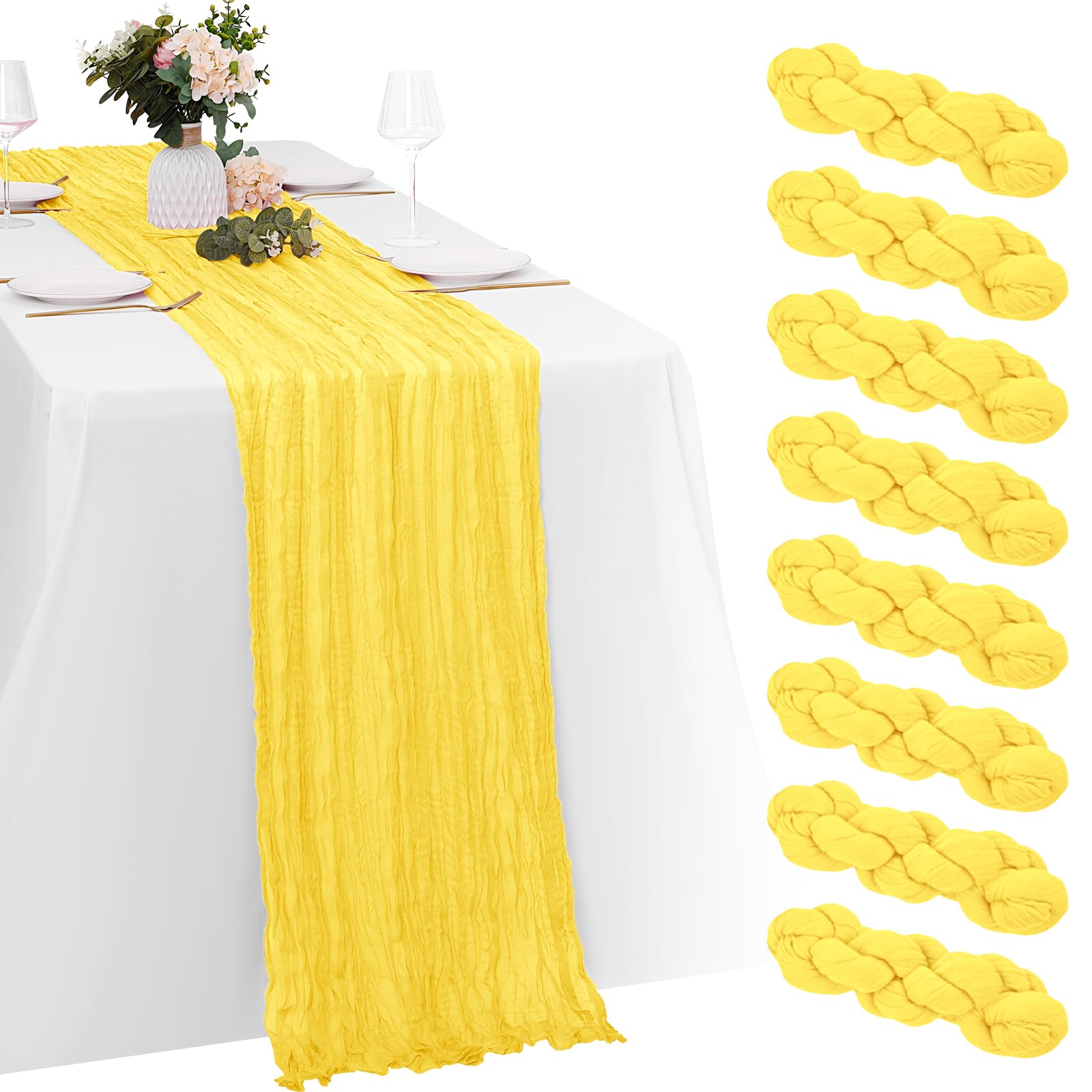 Photo 1 of ** 6 PACK*** 8 Pack Lemon Yellow Cheesecloth Table Runners 20x120 Inch Gauze Table Runner 10FT Easter Cheese Cloth Table Runner Rustic Sheer Runner for Wedding Baby Shower Birthday Party Table Decor
