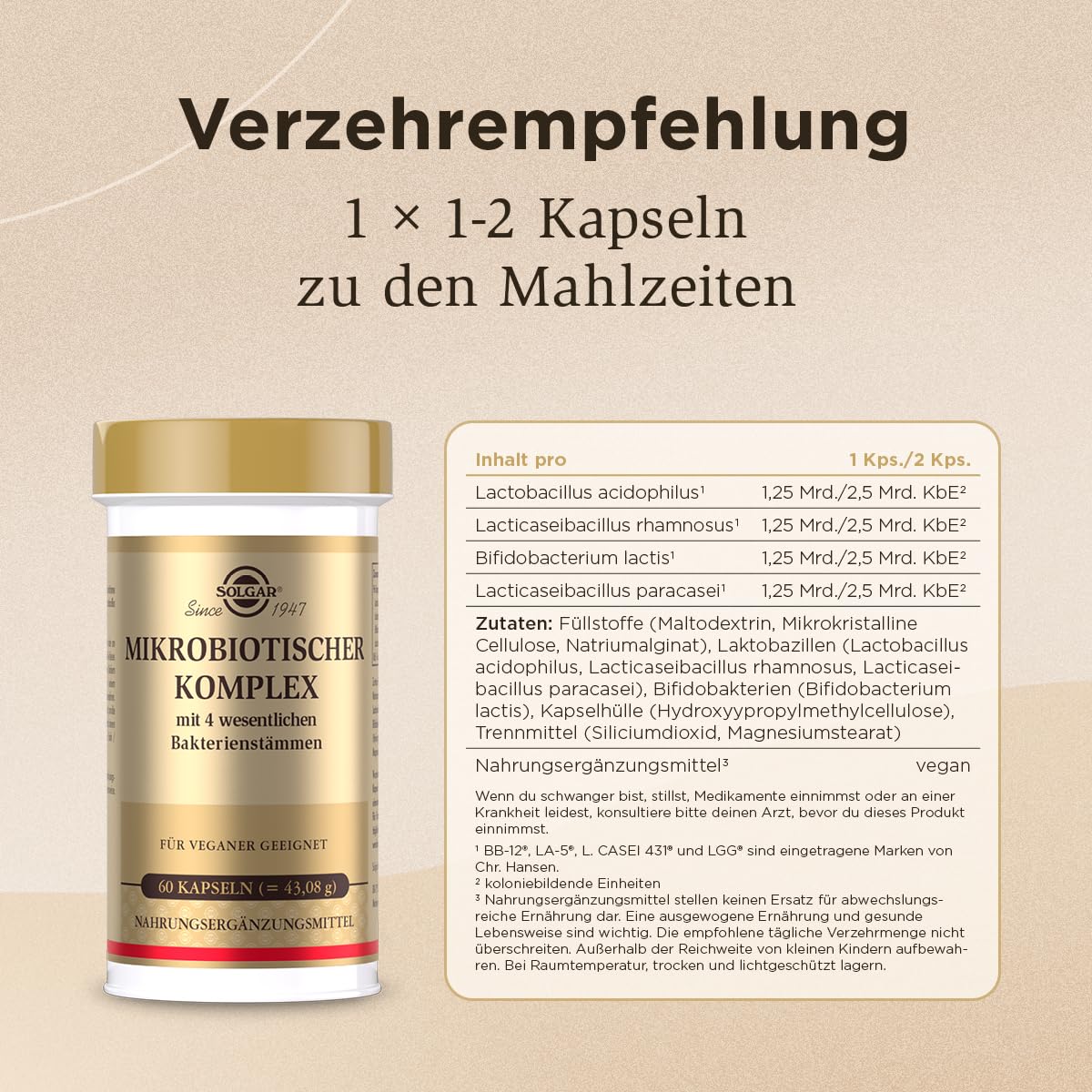 SOLGAR® MIKROBIOTISCHER KOMPLEX | Mit 4 wesentlichen Bakterienstämmen | Für das Magen-Darm-System | 60 vegane & magensaftresistente Kapseln