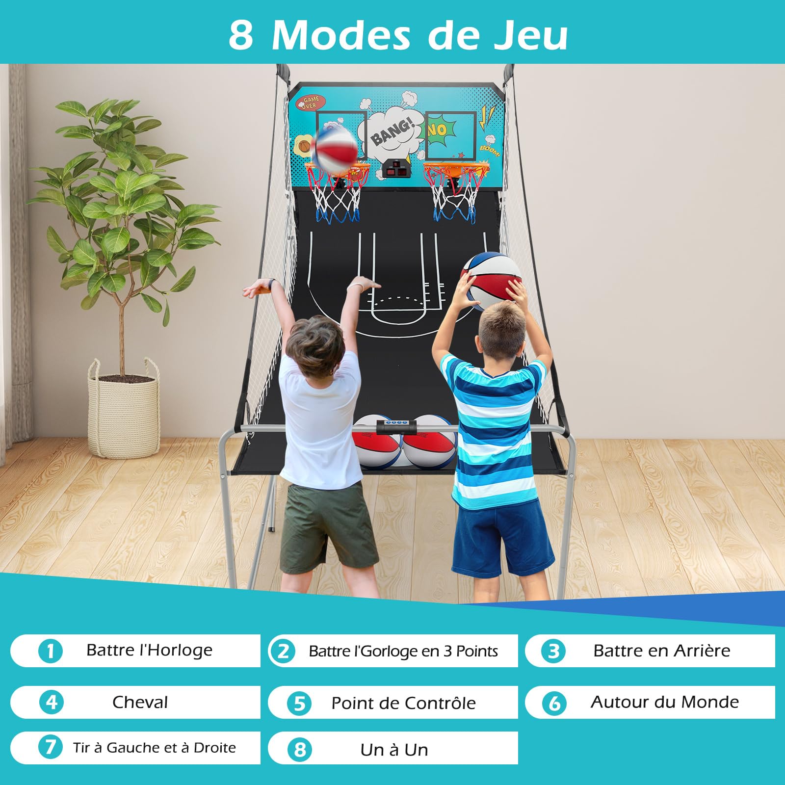 COSTWAY Jeu de Basketball Arcade Pliable à 2 Panier 4 Balles Pompe de Gonflage, Panier de Basketball avec Score Électronique et Effets Sonores, 8 Modes de Jeux pour Enfants Adultes (Noir+Orange
