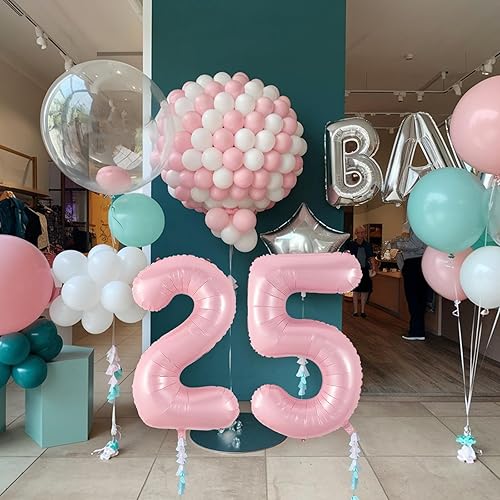 Miniatura 6 de Juego de 25 globos rosa pastel, juego de globos de número 25 25 de color rosa bebé, globo de corazón de estrella de papel de aluminio rosa con globo