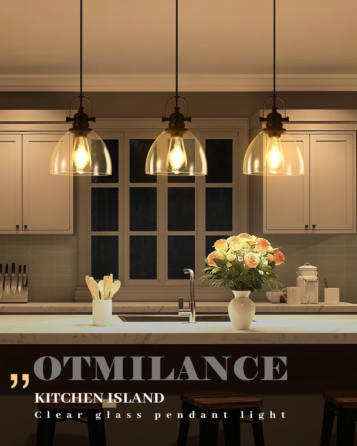 Black Pendant Lights Kitchen Island, 7.5'' Modern Glass Pendant Light 2 Pack, Farmhouse Pendant Lights with Clear Glass Shades, Hanging Island Pendant Lights for Kitchen, Bedroom, Bathroom