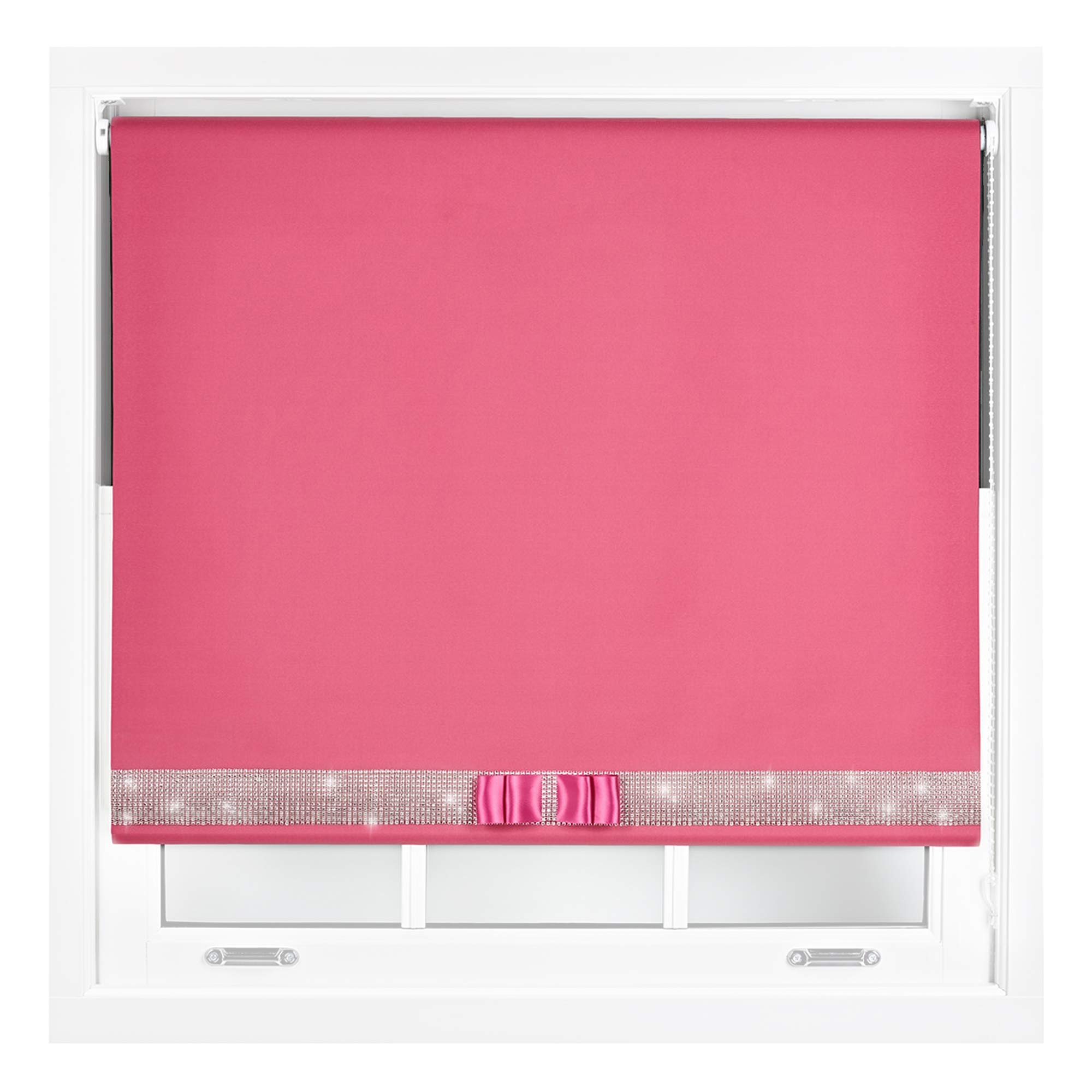 Furnished Fuchsia Diamante Blackout Blinds With Bow - Decorative Diamond Sparkle Design Roller Blind Cut To Size Up To 60W X 210L Cm