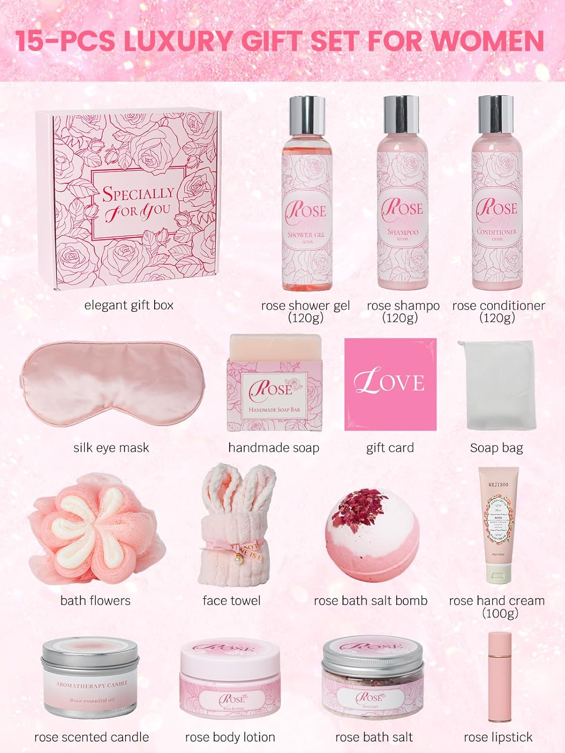 Valentine's Day Gifts for Her, 16Pcs Rose Spa Bath & Body Care Set with Bath Bombs & Lotions, Relaxing Home Spa Gift Kit for Mom Wife Girlfriend, Ideal for Mother’s Day Birthday Women Gift Sets - Image 2