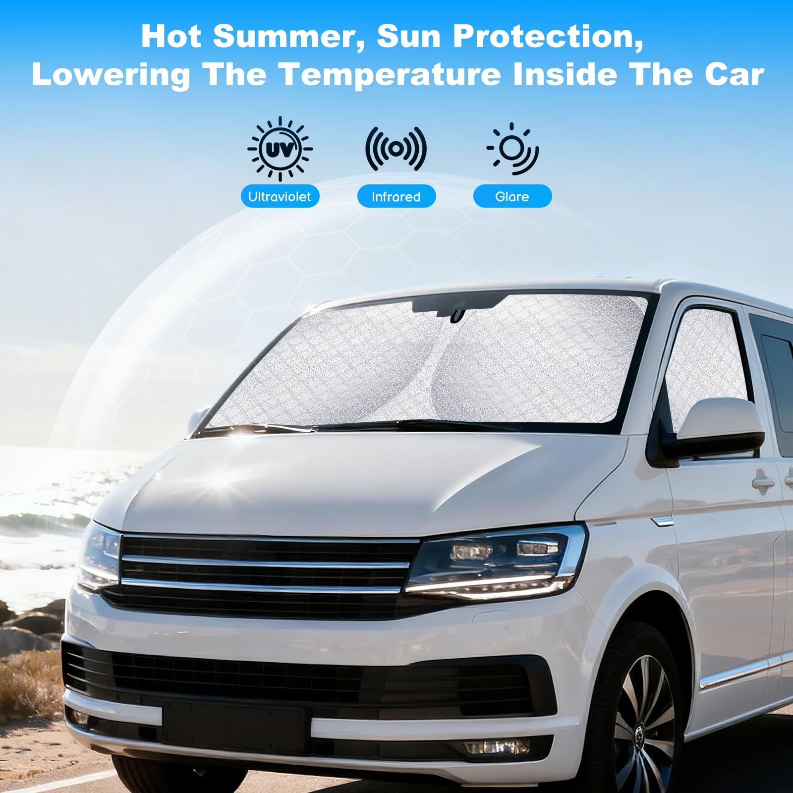 Ochrona przeciwsłoneczna przedniej szyby samochodowej dla VW T5 T6 (zestaw 3 szt.) Termomata do zaciemnienia kabiny kierowcy i bocznych szyb | Premium aluminiowa mata UV-Schutz & osłona