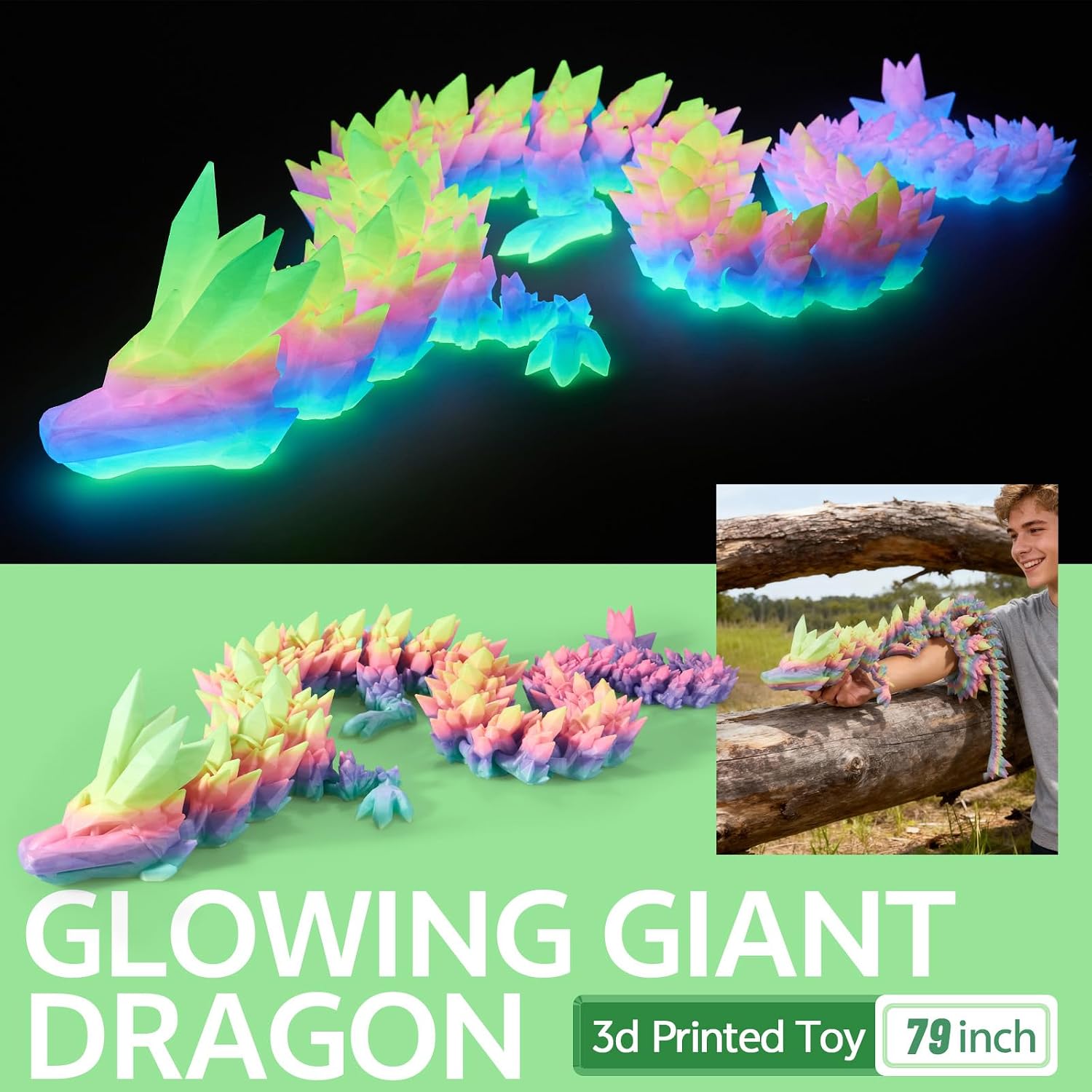 79”3D Printed Dragon Large 3D Dragon-Bigger Fidget Toy Gift for Kids, Boys, Girls & Adults,Cool Giant Crystal 3-D Printed Animals Desk Decor ，Easter Basket Essentials（Luminous Rainbow）