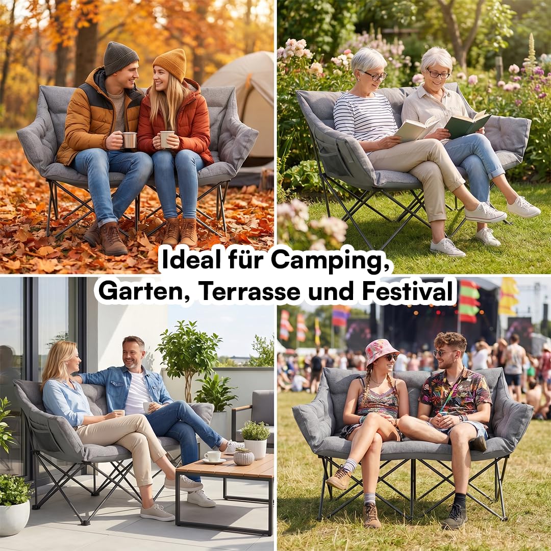 STEELSØN Hoggar Campingstuhl faltbar 2 Personen – Klappstuhl 134cm breit – Camping Sofa mit 2 Seitentaschen & Tragebeutel – Camping Couch 320 kg belastbar – Sitzbank Outdoor - dick gepolstert - grau
