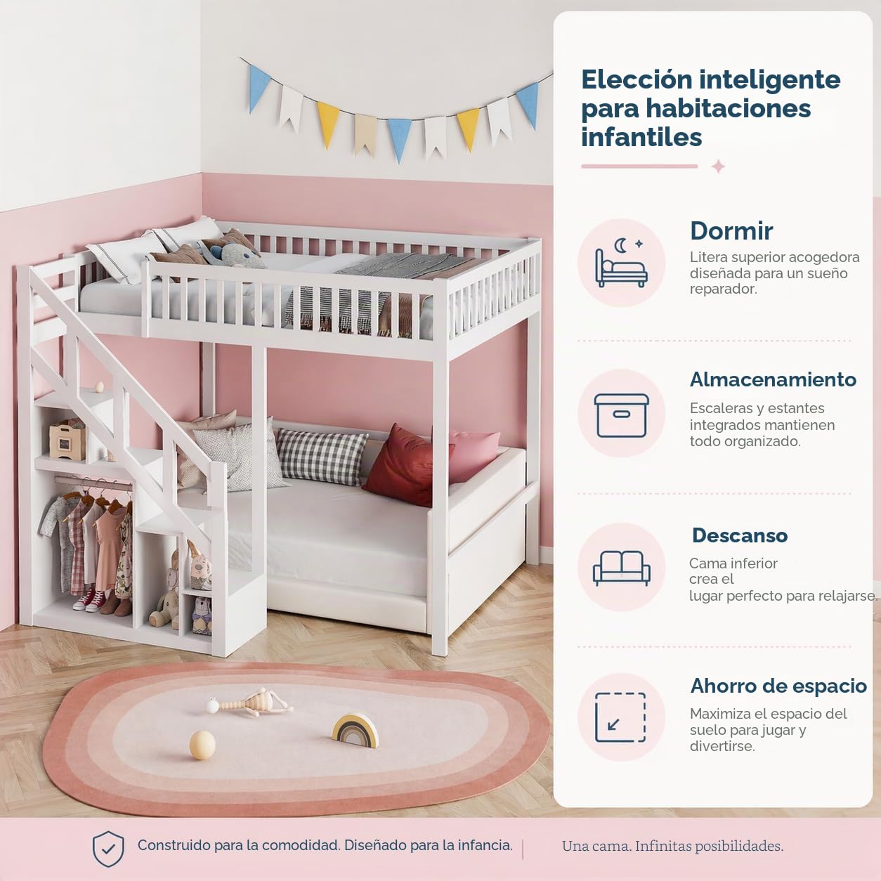 Litera de 90 x 200 cm, Cama Infantil de Madera Maciza con Escalera de Seguridad y Armario de Almacenamiento, Cama Juvenil con somier de láminas, Cama Infantil Multiusos para habitación