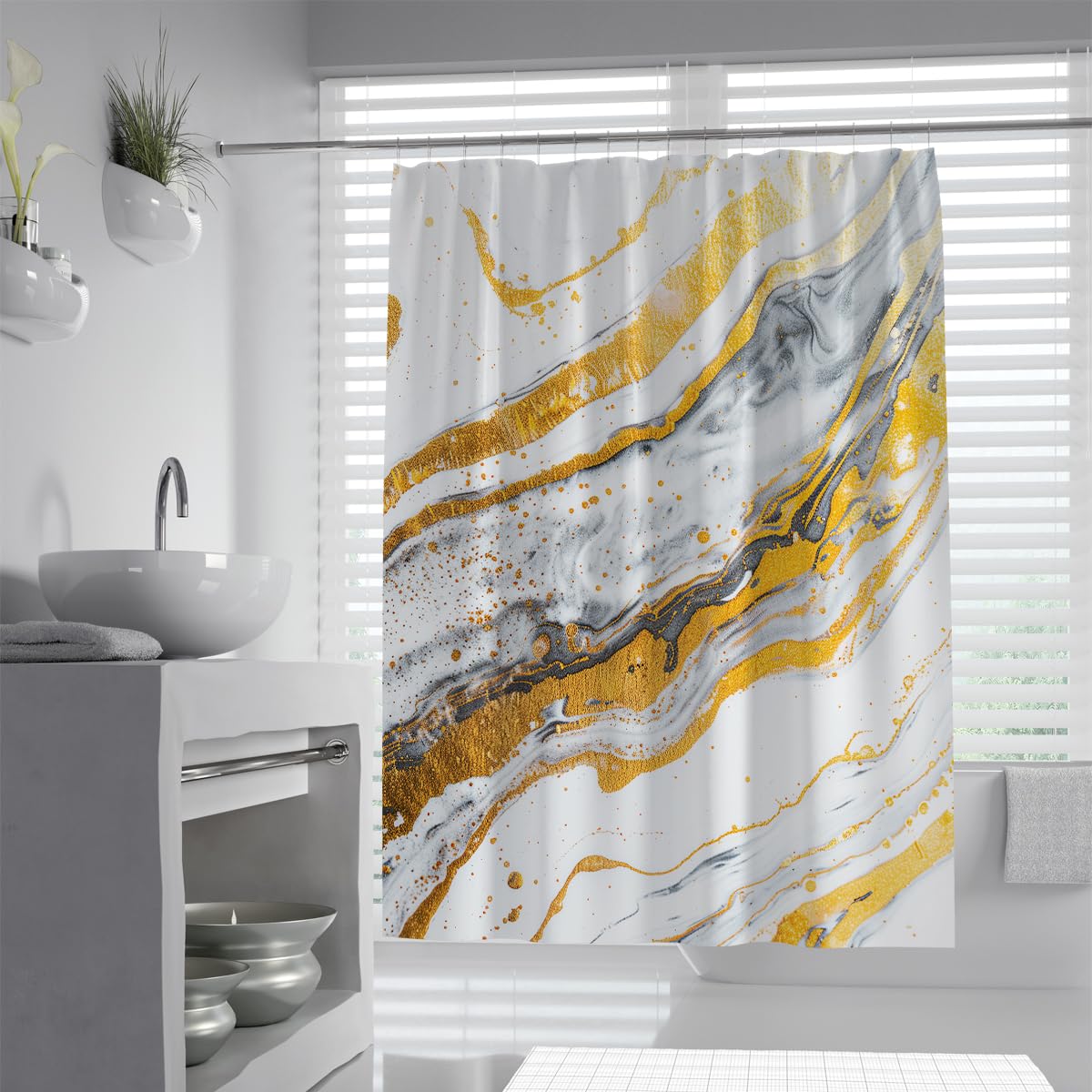 UIRINGART Marble Shower Curtain W150xL180cm Luxury Yellow Grey Stone Gold Foil Texture Liquid Swirls Mildew Mould Resistant Polyester Fabric Hotel Bath Curtains