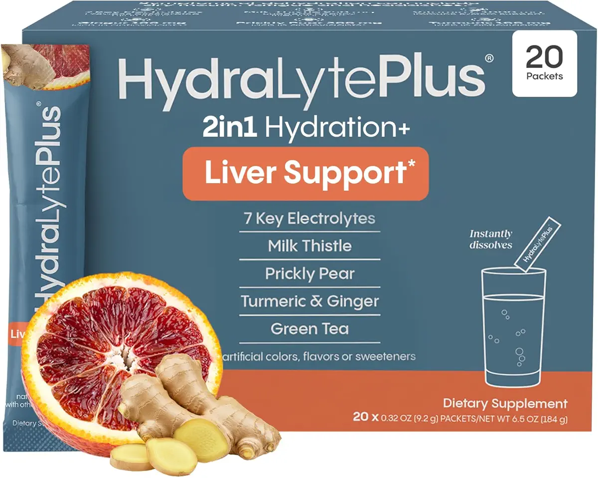 Hydralyte Liver Support + Electrolyte Mix with Milk Thistle, Turmeric, Ginger, Prickly Pear, Green Tea Extract Formulated for Rapid Rehydration (Blood Orange Ginger, 20 Packets)