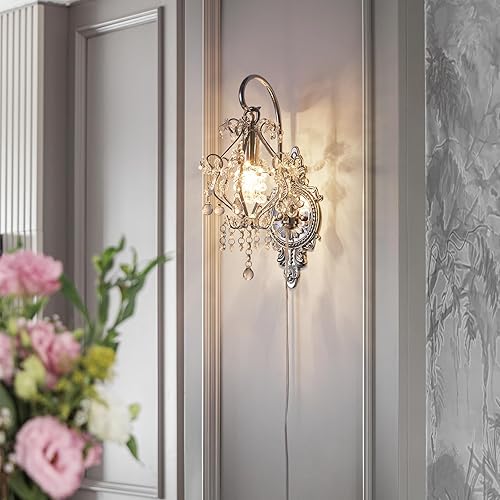 Miniatura 2 de Silver Crystal Vintage Plug in Wall Sconces Set of 2 Indoor Wall Light Fixture, Modern Wall Mount Lamp Light for Bedroom Living Room Bathroom Vanity