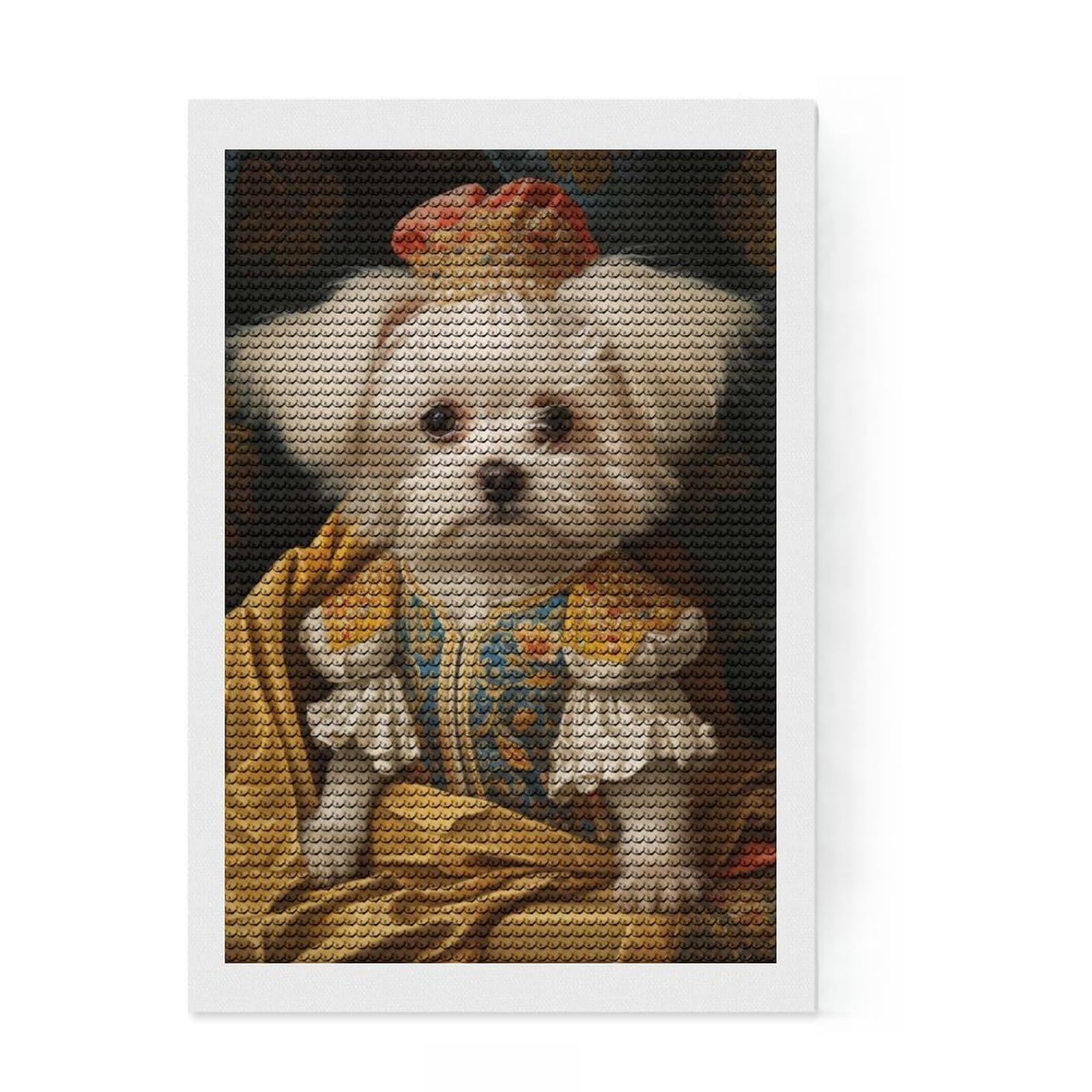 Junmoney Dog in Royal Attire Ornate Maltese with Crown Majestic Royal Pet Portrait Diamond Painting Set 8"x12", Mindful Craft Activity, Sparkling Round Gems, Living Room Decor, Birthday Gift