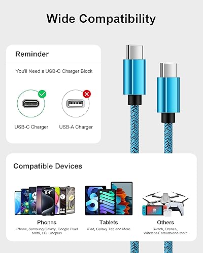 Miniatura 7 de Paquete de 2 cables de carga USBC de 6 pies, cable USB C a USB tipo C, cable automático de carga rápida para Samsung Galaxy S24 S23 S22 A14, Apple