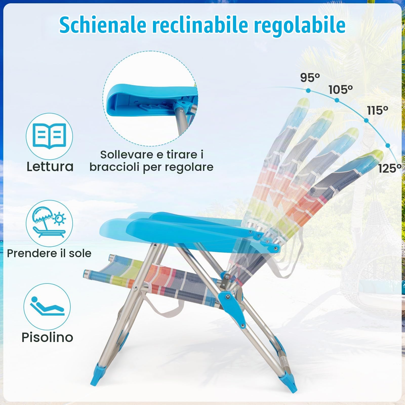 RELAX4LIFE Set di 2 Sedie da Spiaggia, Sedia Pieghevole con Schienale Regolabile a 4 Posizioni, Braccioli, Tracolla, Alluminio Leggero, Portatile, Capacità 150kg, per Picnic, Pesca (64 x 64 x 83 cm)